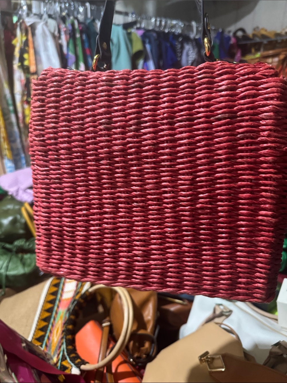 Red Woven Top-Handle Bag with Gold Accent - Picture 2 of 4
